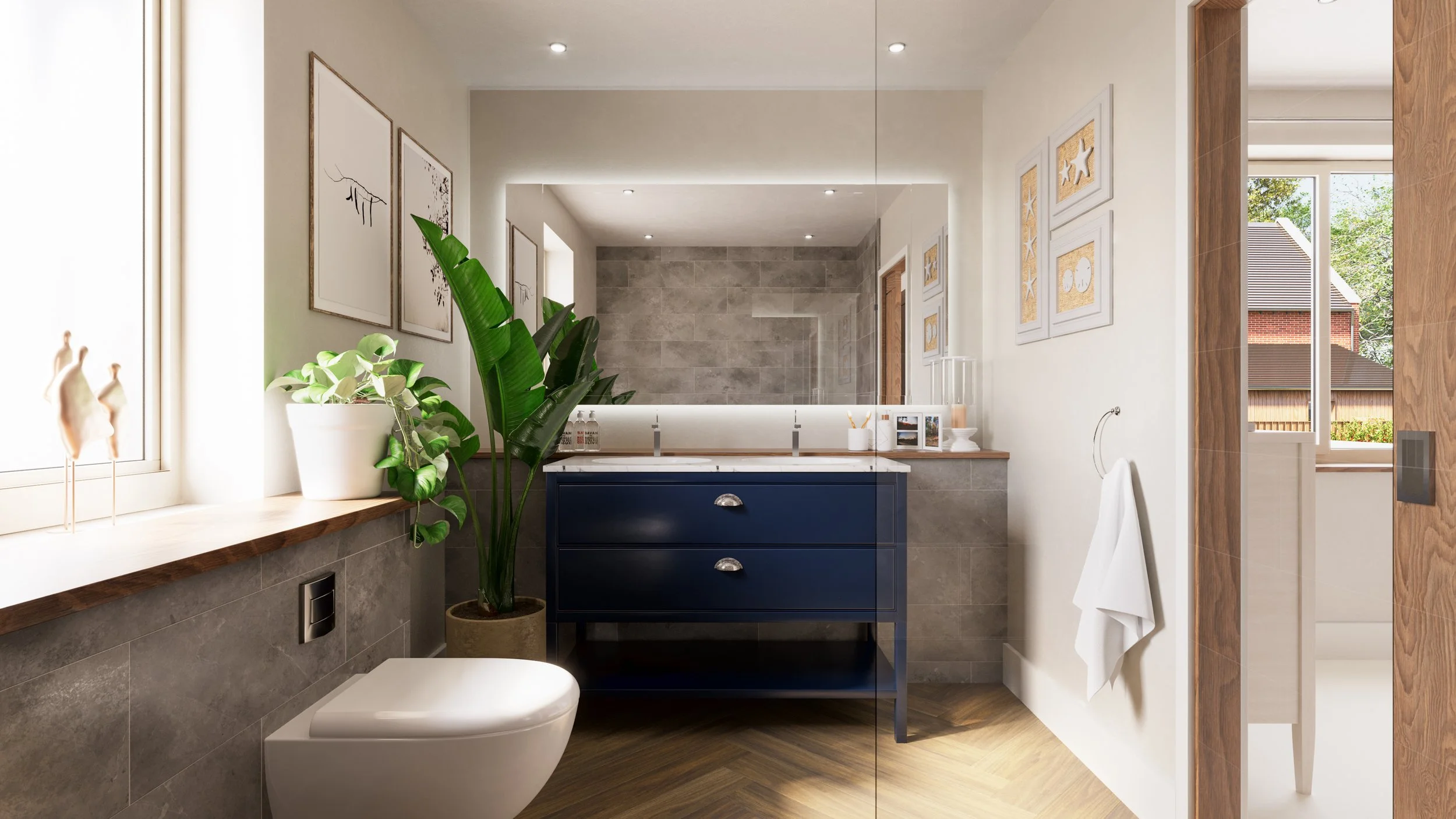 Shower ensuite with double vanity unit. 