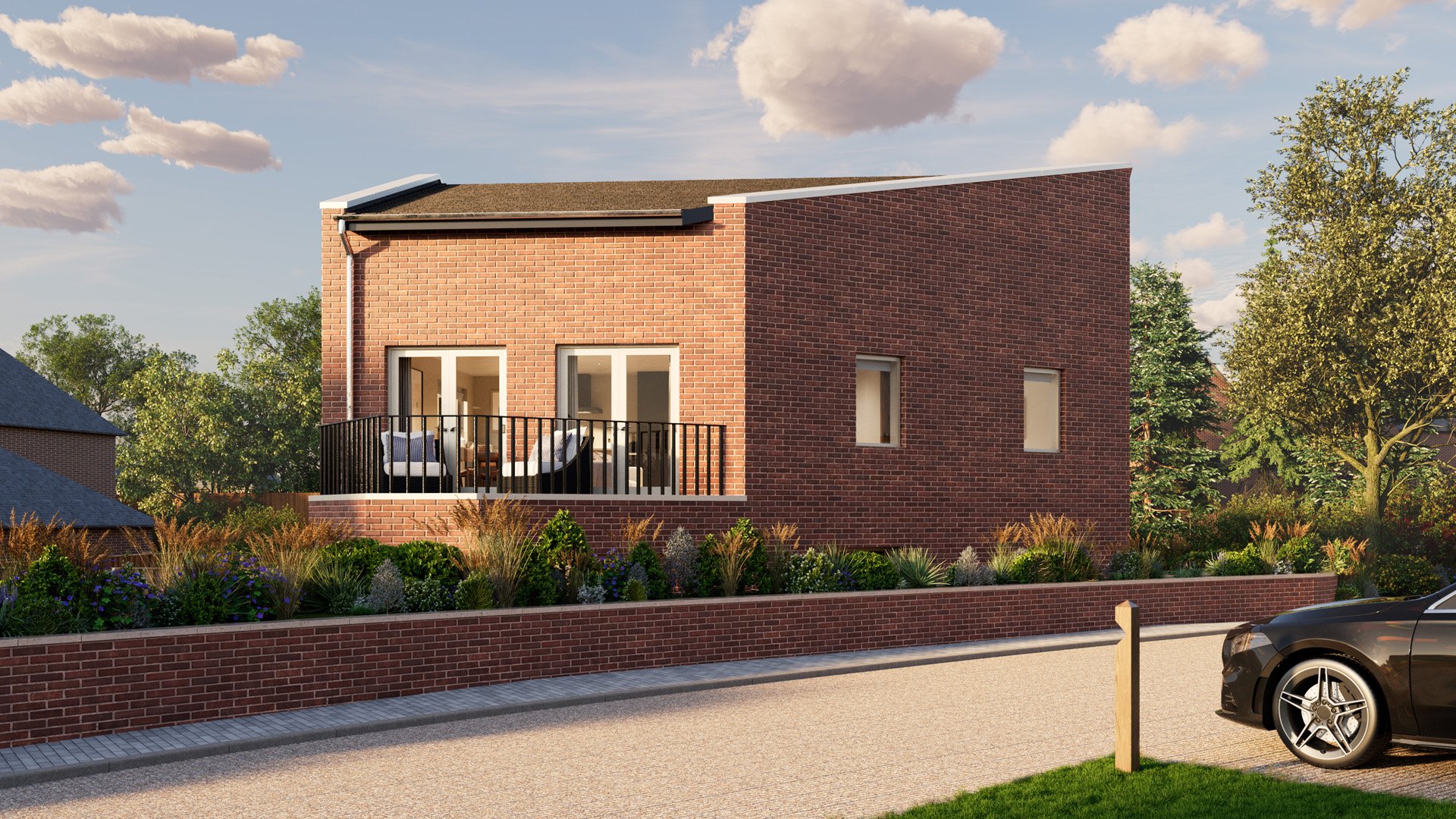 External view of the first floor apartment with west-facing balcony. 