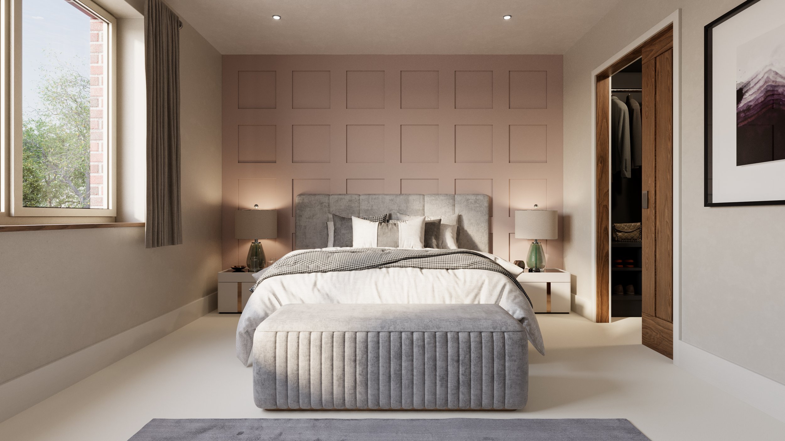 Principal bedroom with feature panelled bedhead wall. 
