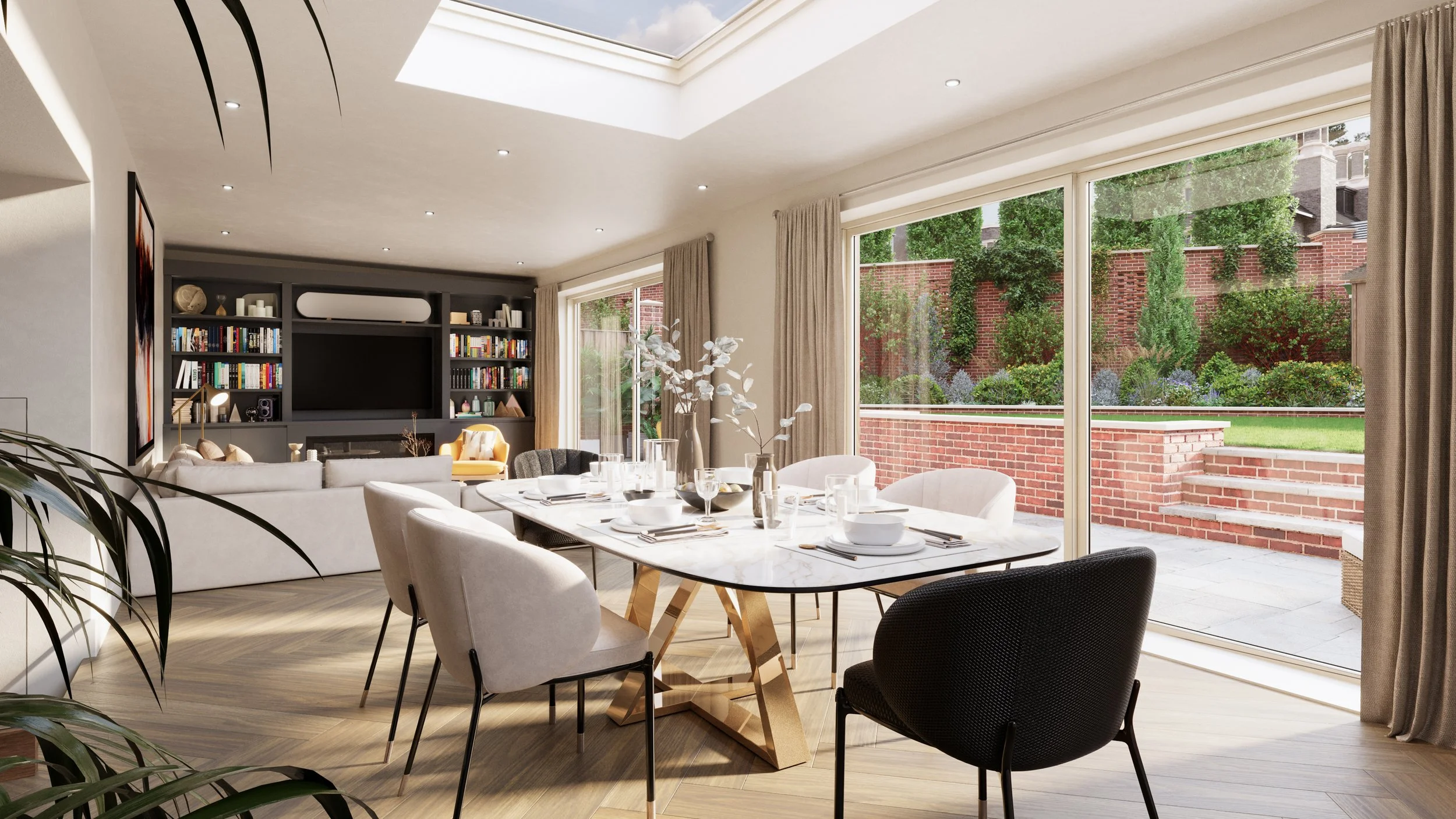 Dining area with roof lantern and sliding doors to access to the garden. 
