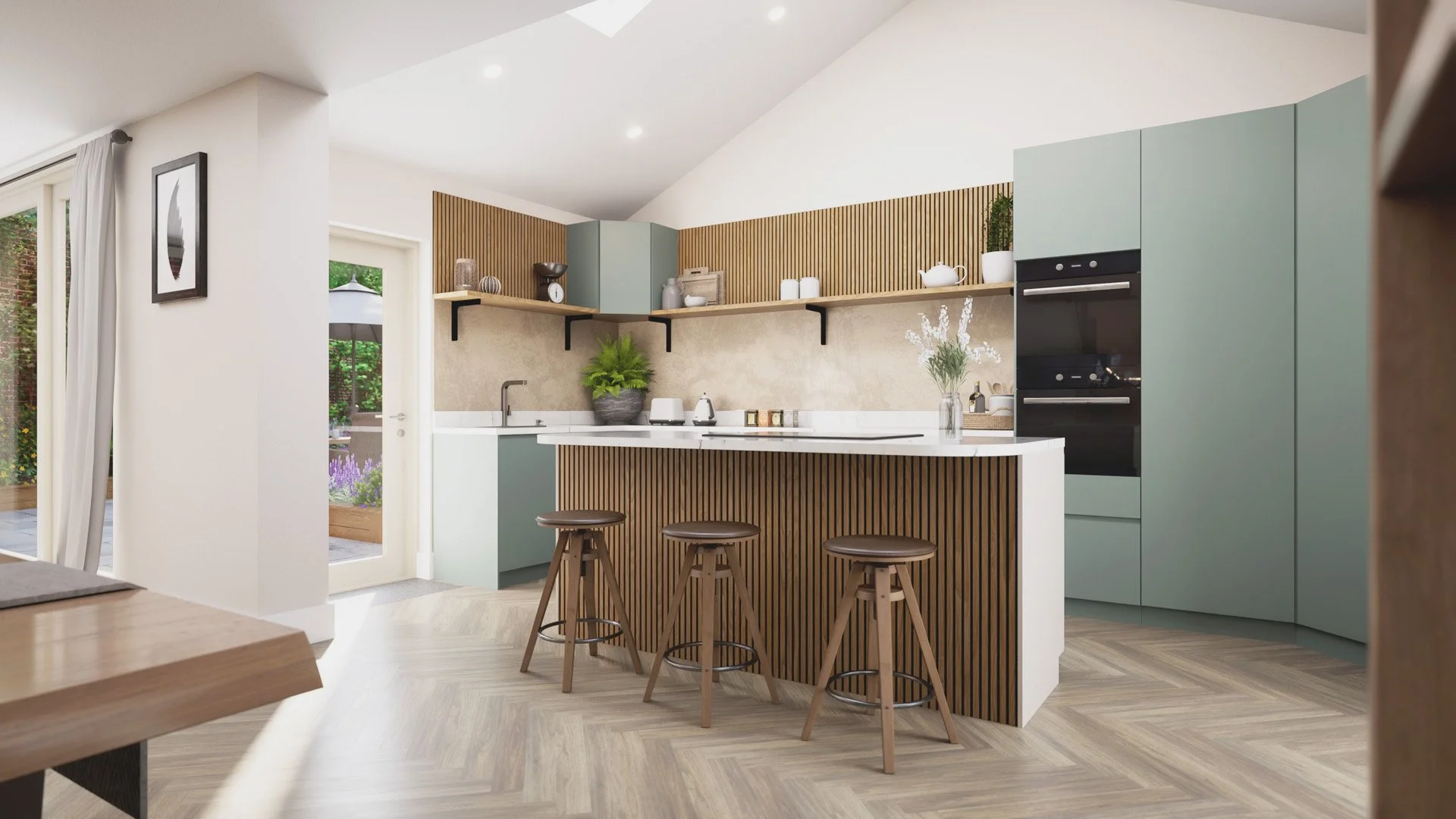 Open-plan Kitchen area with oversized breakfast bar and seating.