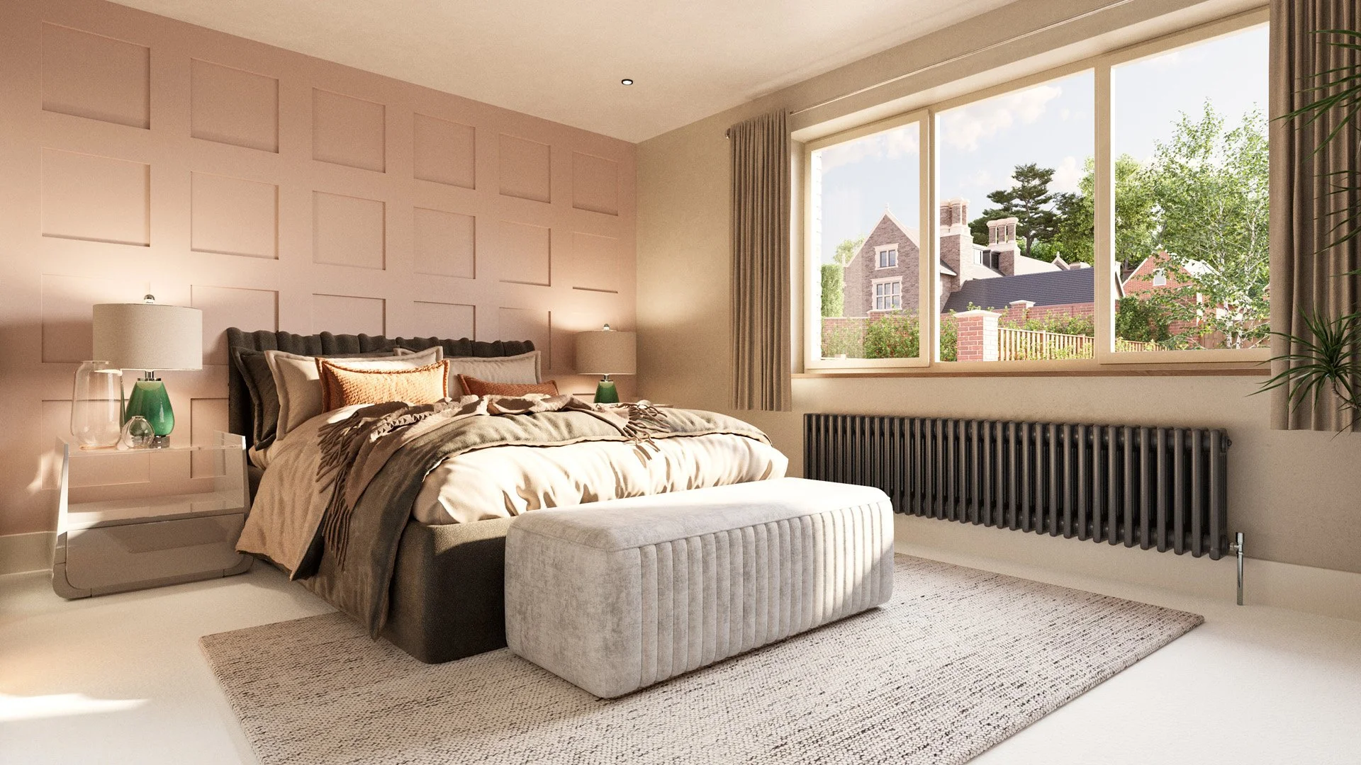 Main bedroom with panelled bed head wall.