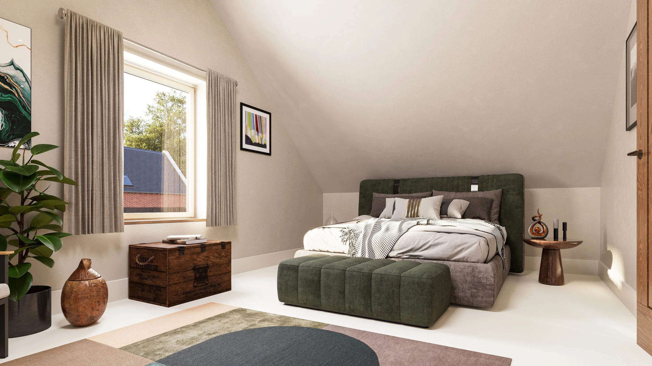 Top floor bedroom offering views of The Lodge and the garden area. 