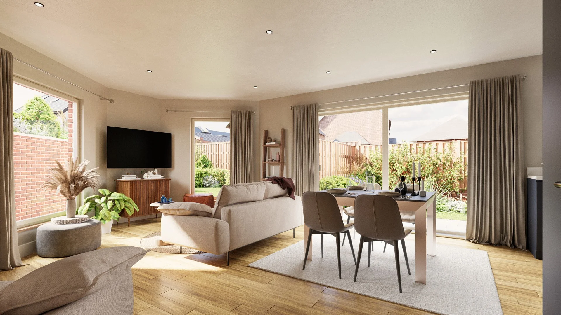 A view over to the open plan space of the dining room and living room. 