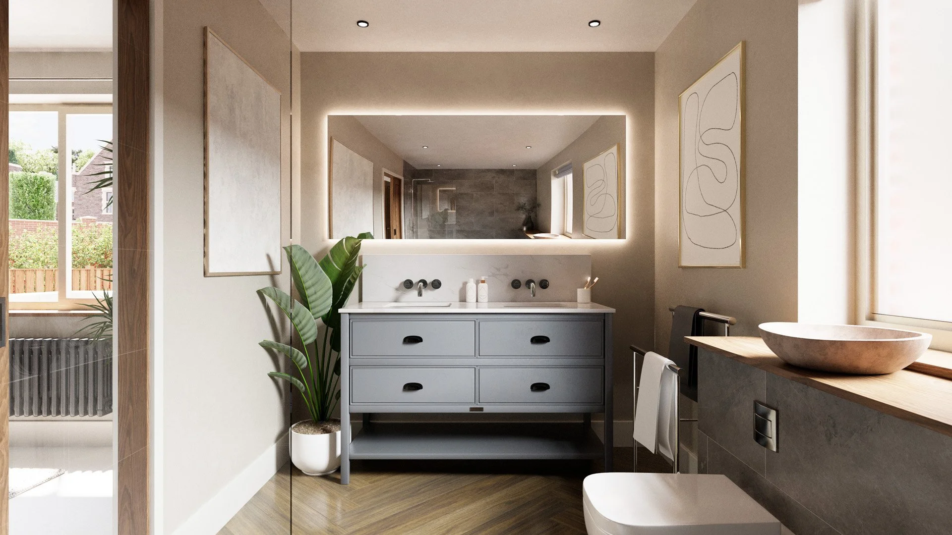 Ensuite with double vanity unit.