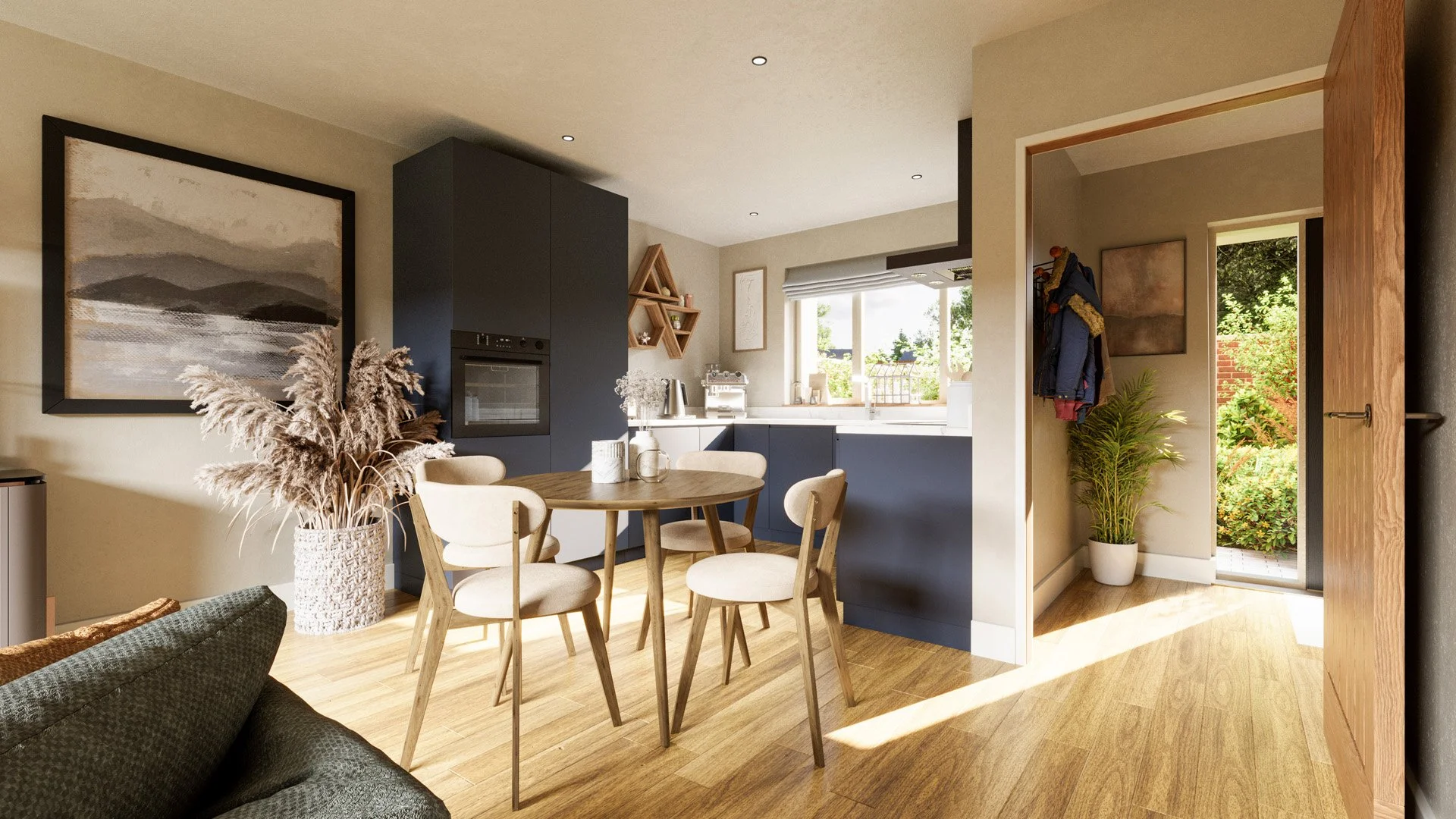 Dining and kitchen space.
