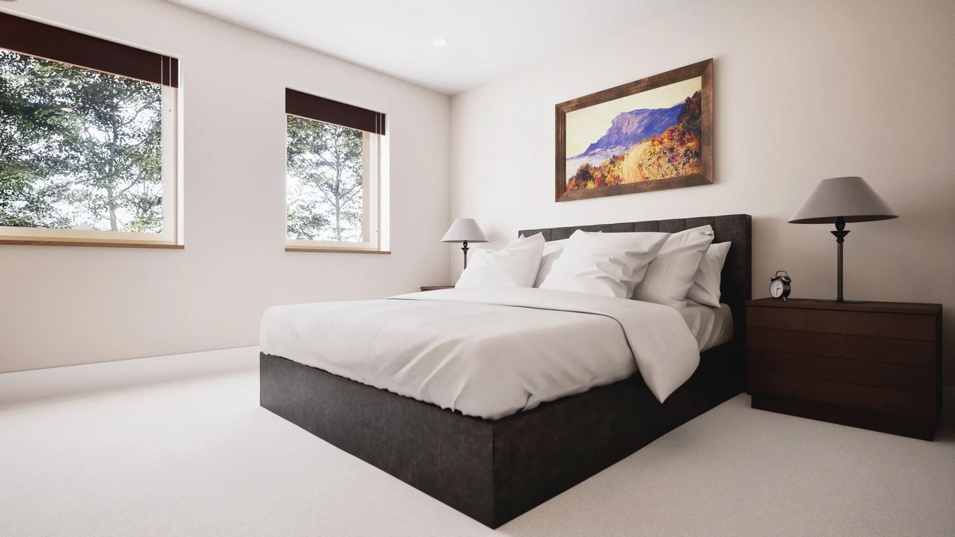 Second bedroom with fitted wardrobes and double aspect windows to the front of the property.