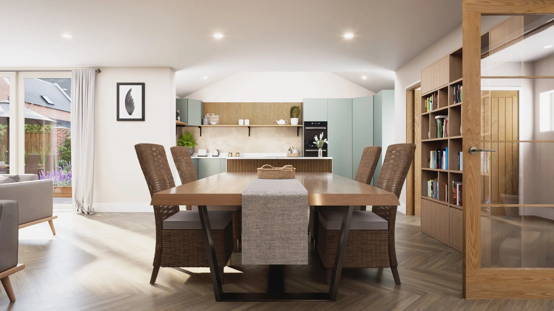 A view across the dining room looking into the kitchen.