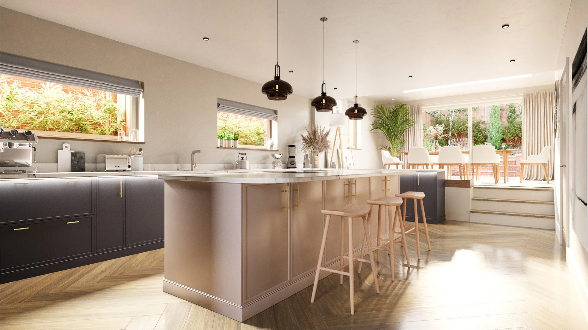 Beautiful open-plan kitchen area with feature kitchen island.