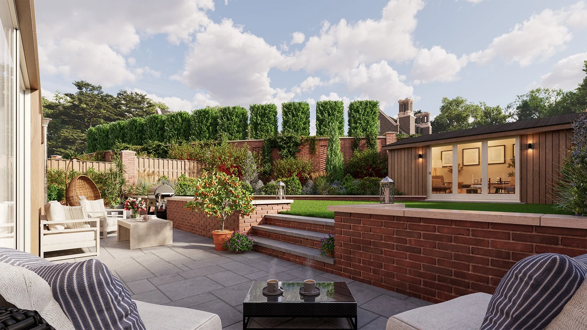 The beautifully presented rear garden with expansive terrace, stepping into the lawn and raised planters with the feature garden room. 