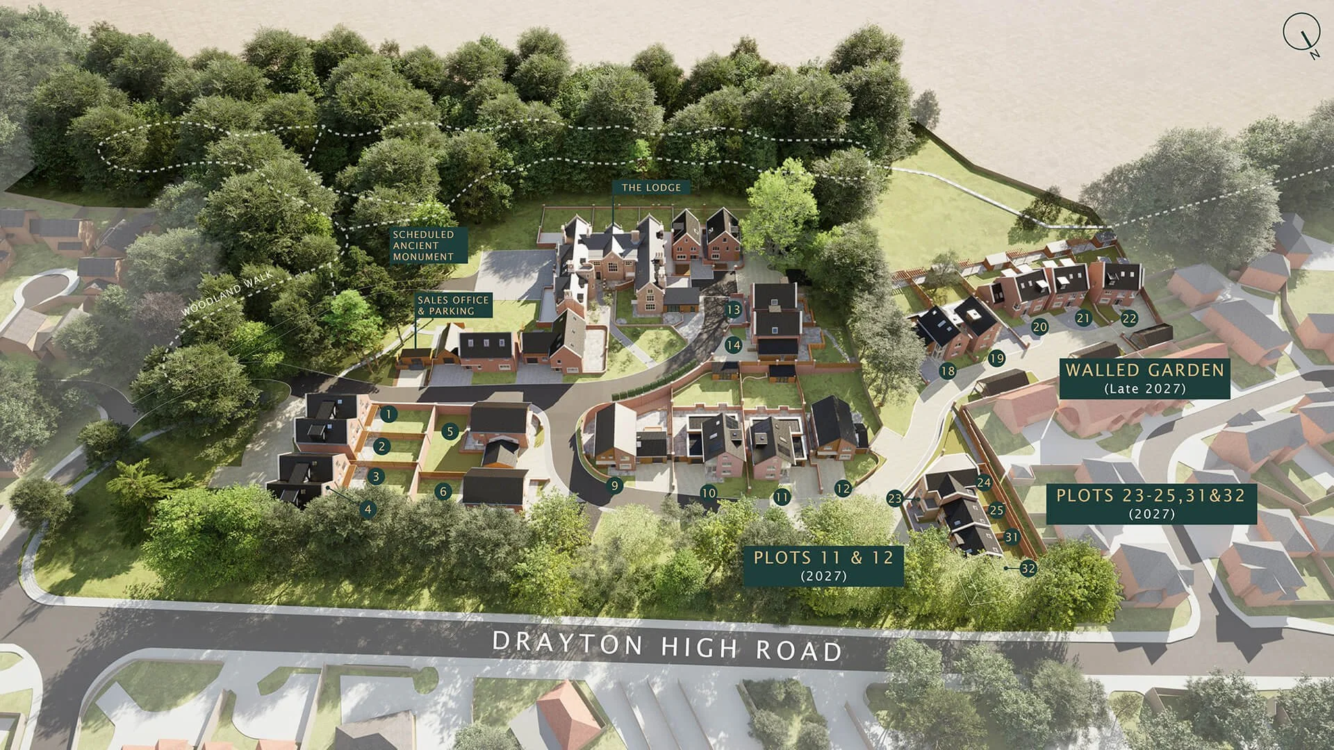 CGI aerial image of the site layout at The Lodge, Drayton
