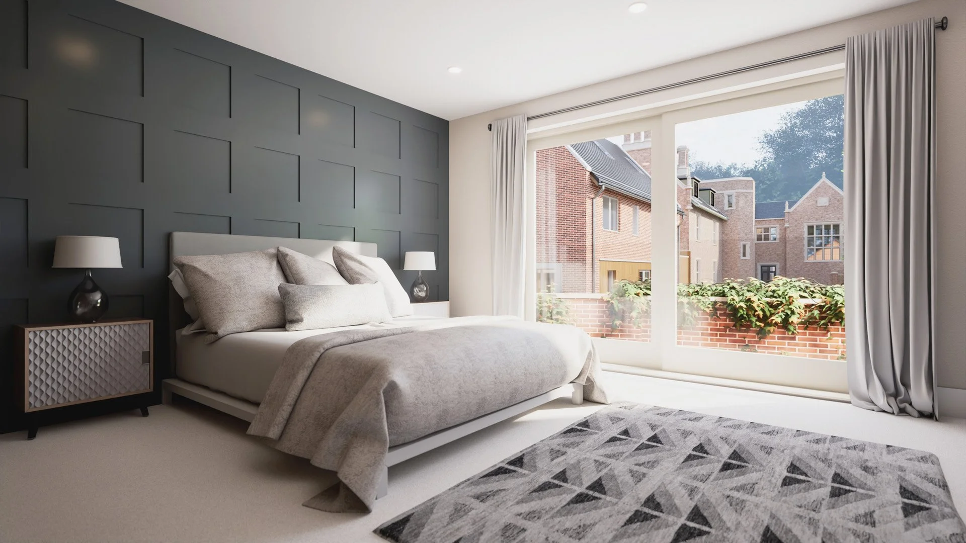 Principal bedroom with panelled bedhead wall and a sliding door with Juliet balcony. 