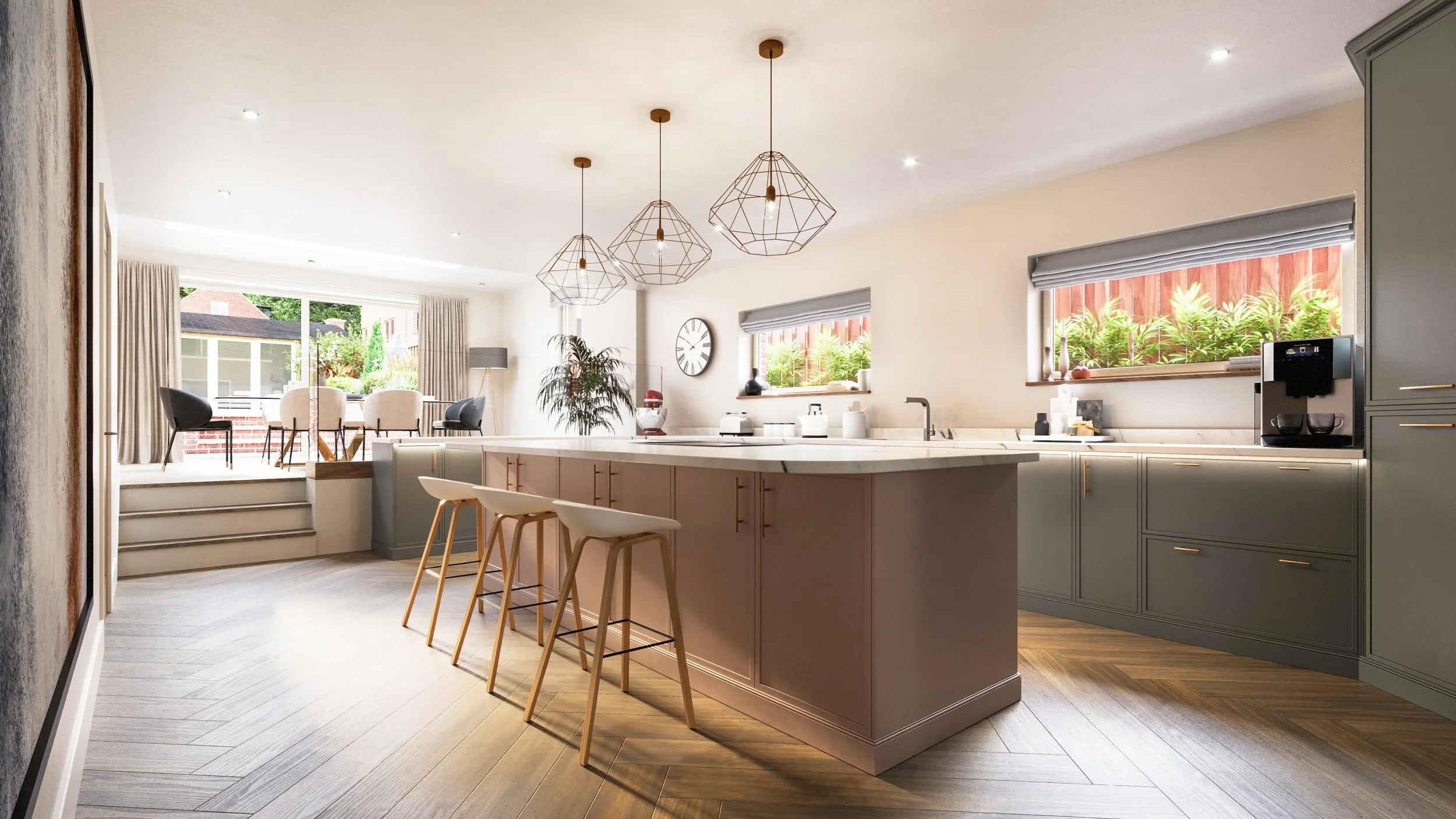 Beautiful open-plan modern kitchen with views extending to the dining area and rear garden. The central island is a striking feature. 