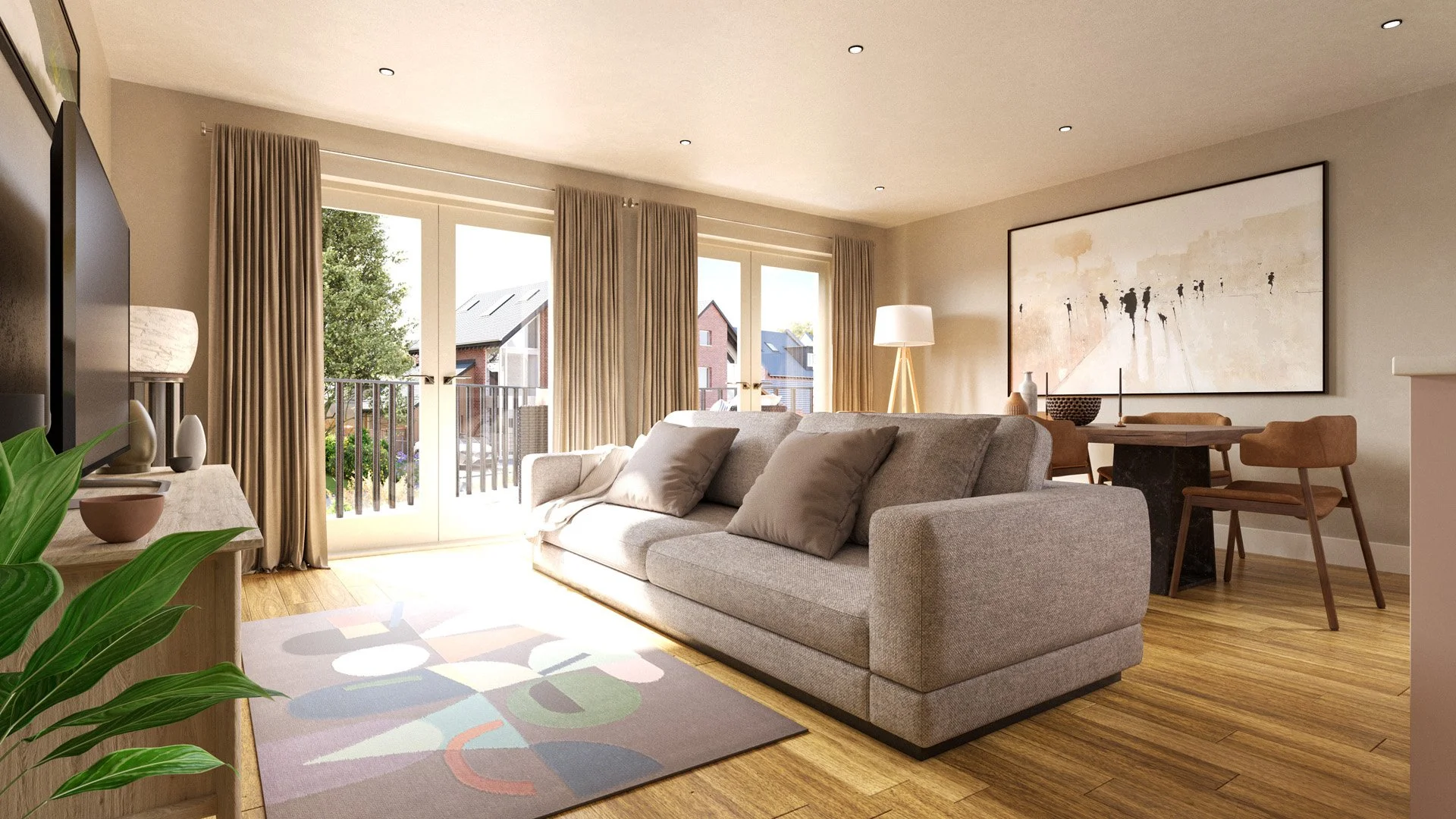 Sun-soaked west-facing open-plan space. View out to the balcony. 