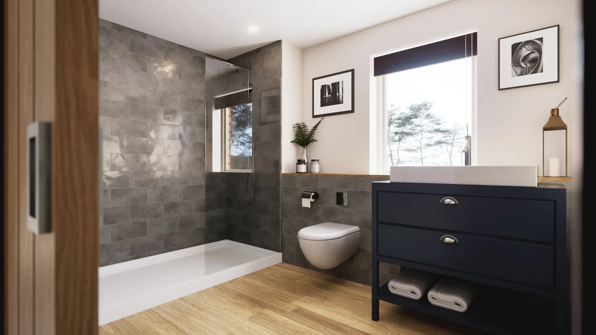 Large shower ensuite with designer basin.