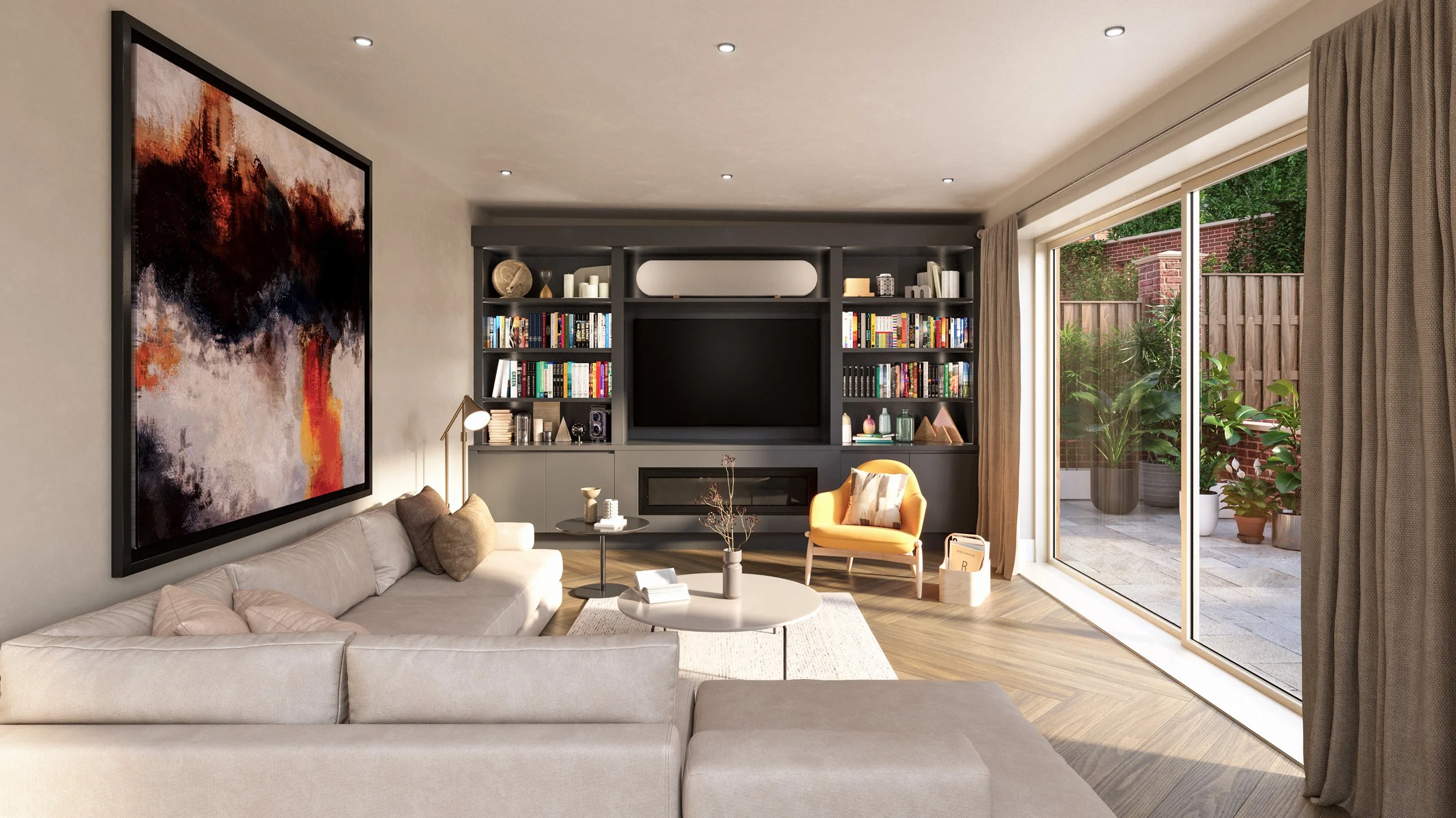 A bespoke media unit featuring an integrated electric fire, LED mood lighting, and cabinetry creates the statement piece the homeowner desires in this impressive home. 
