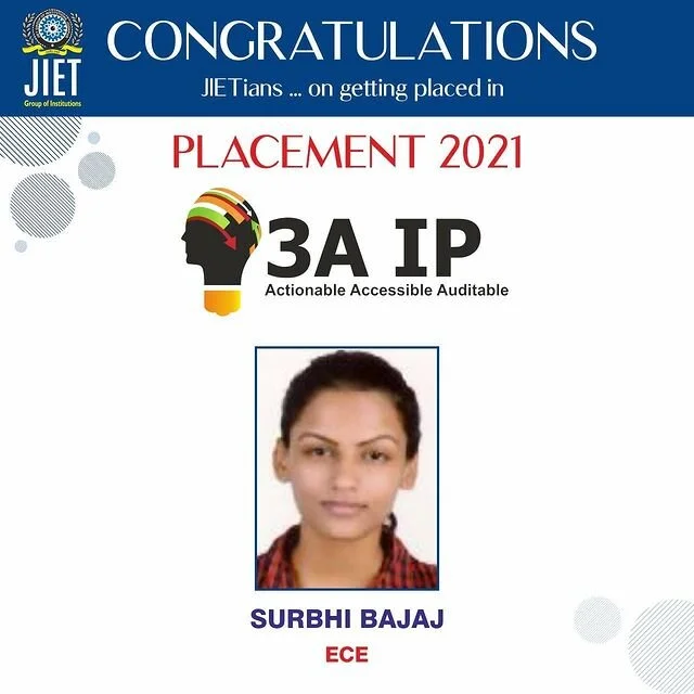 It gave us immense pleasure to share placement news of Batch-2021 ECE Student Surbhi Bajaj in 3A IP
