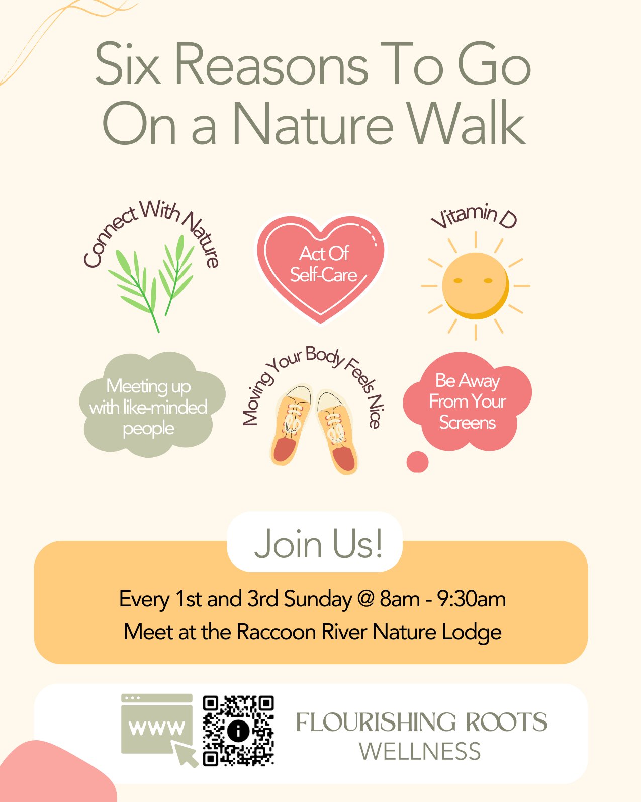 Come as you are for a Flourishing Roots Wellness community nature hike! Let&rsquo;s get some morning sun into our eyes while we walk at a slow pace taking in our surroundings. The trail is paved at Raccoon River so wear comfy shoes and dress in appro
