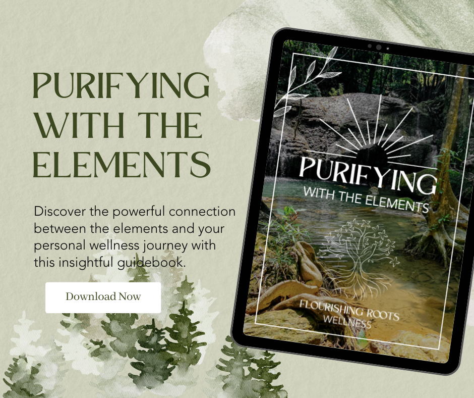 Digital book cover titled 'Purifying with the Elements' featuring nature scene with rocks and water, overlaid on a background with green foliage and trees.