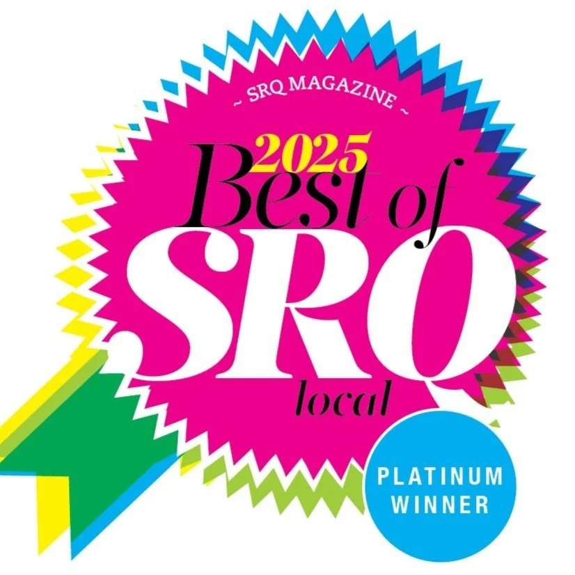 Bright pink badge with colorful border and a blue circle stating 'Platinum Winner'. Text reads '2025 Best of SRO local' and 'SRQ Magazine' at the top.