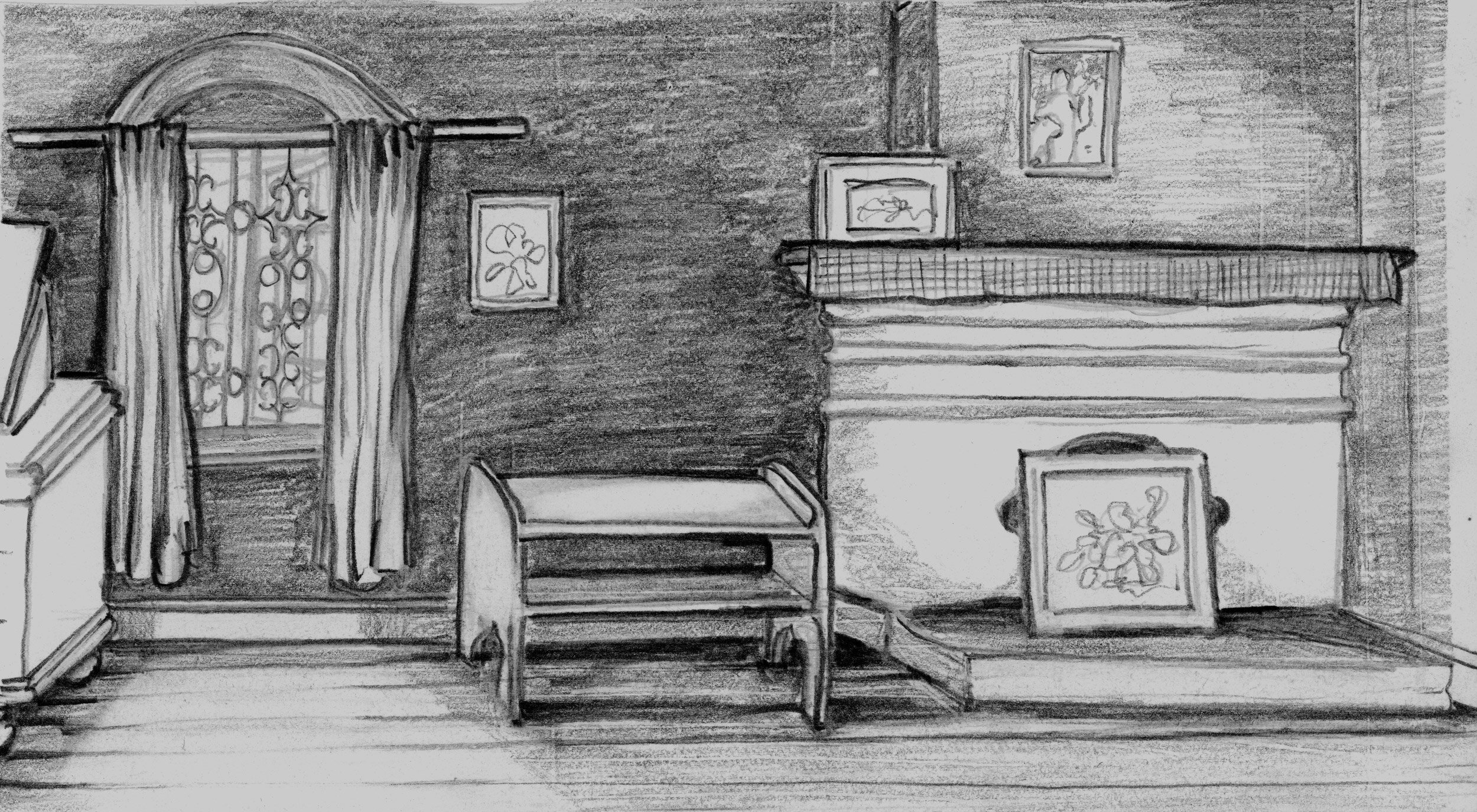   Kalimpong India, Fireplace in Aunty Jean’s Old Room DGH  2010 Pencil on paper  4x7.5 inches 