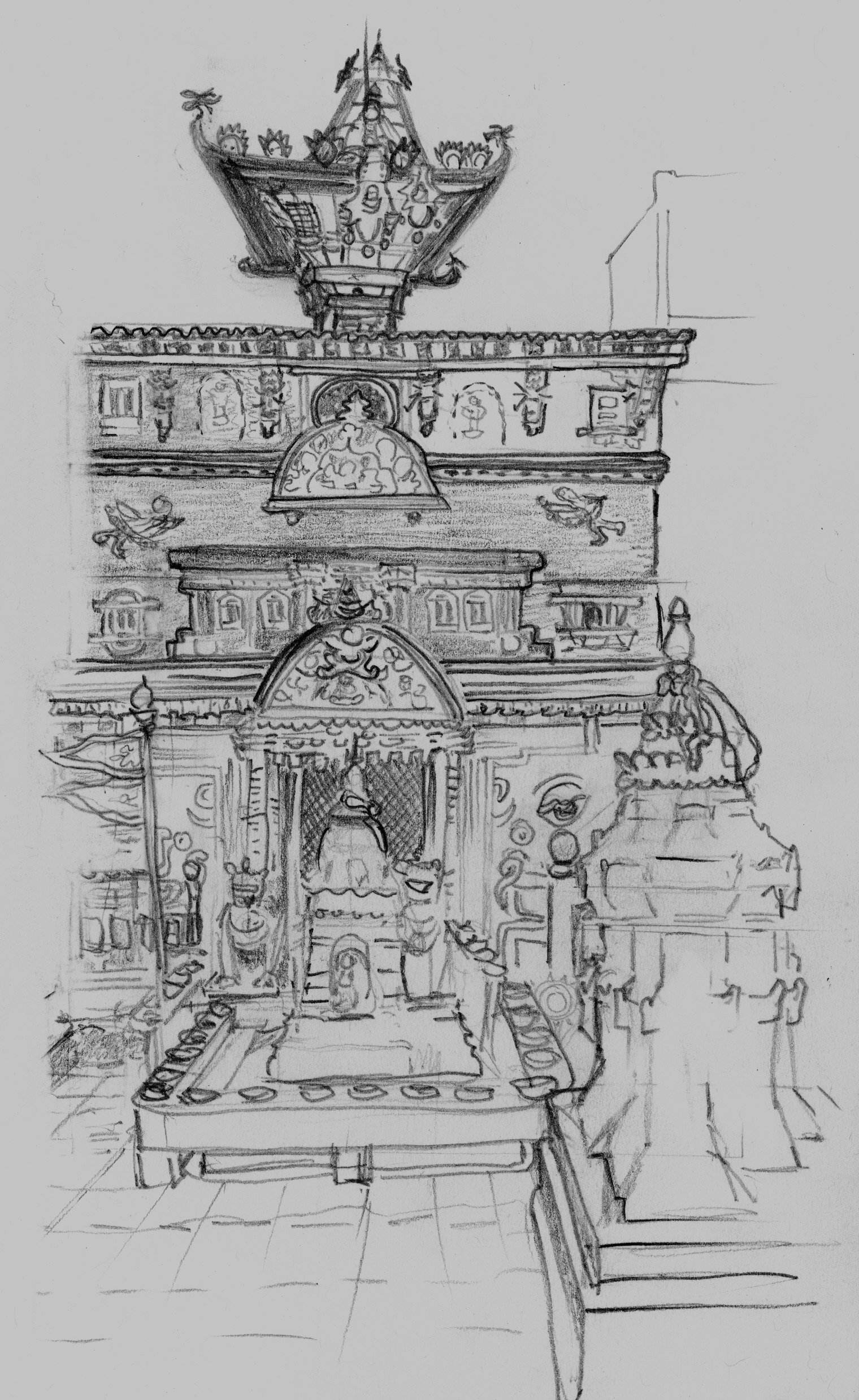   Bhaktapur Nepal Sri Indravarti Temple  2017 Pencil on paper 8.5x4.5 inches 
