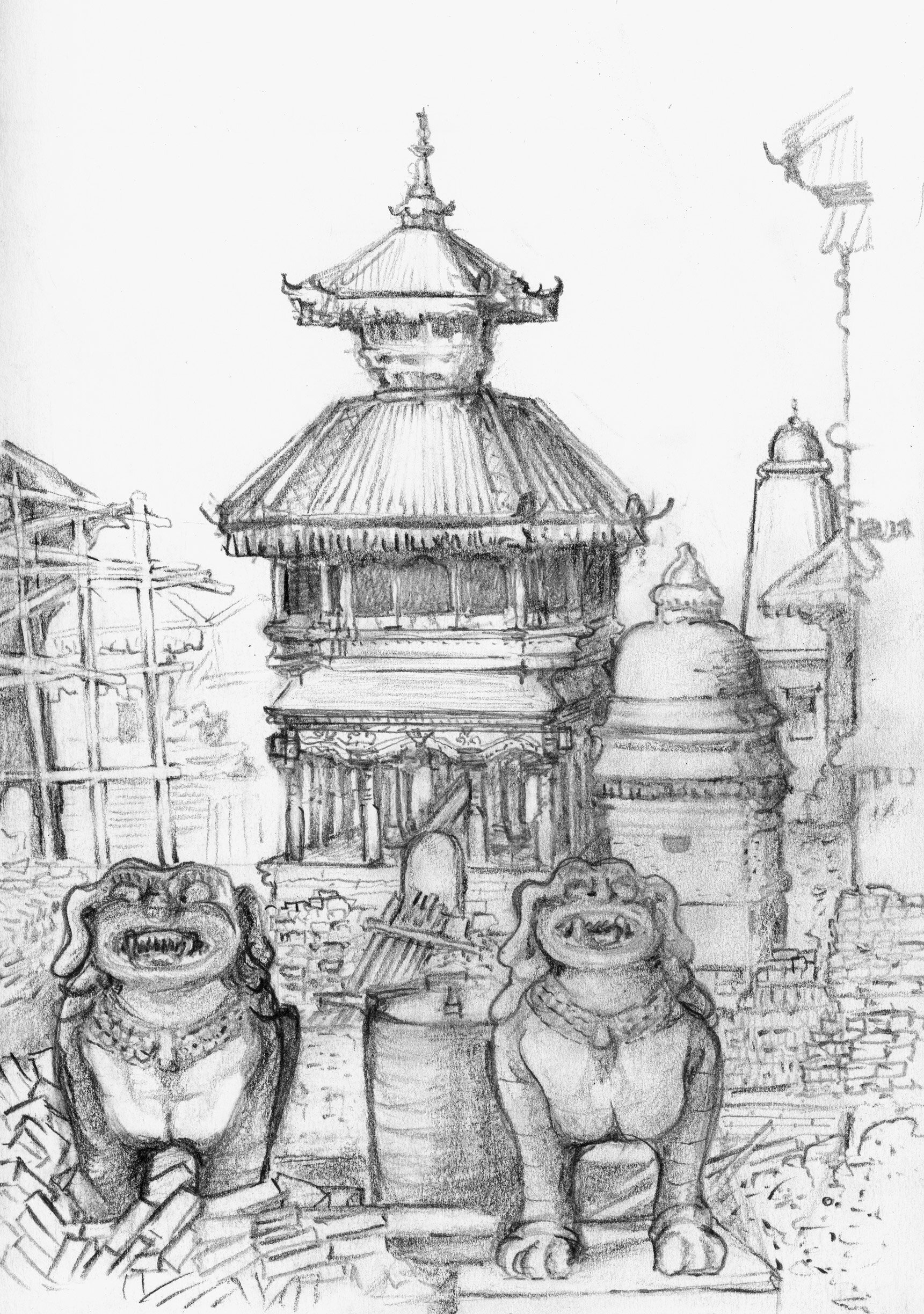   Bhaktapur Nepal Reconstruction Area with Stone Lions  2017 Pencil on paper 8x5.5 inches 