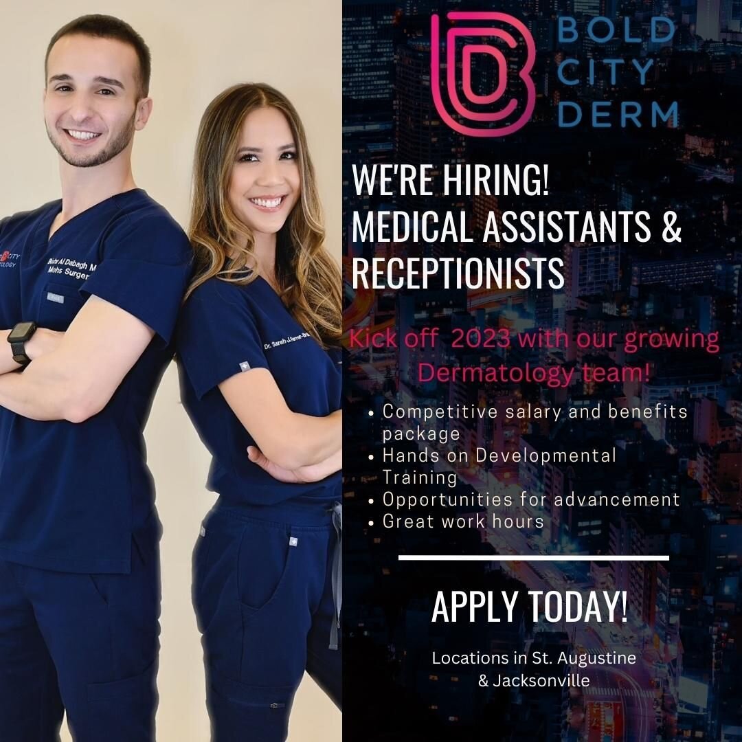 Bold City Dermatology is hiring!! We are looking for  Medical Assistants and Receptionists for our St. Augustine and Jacksonville locations.  Great work environment along with excellent compensation and benefits! 

https://www.indeed.com/job/medical-