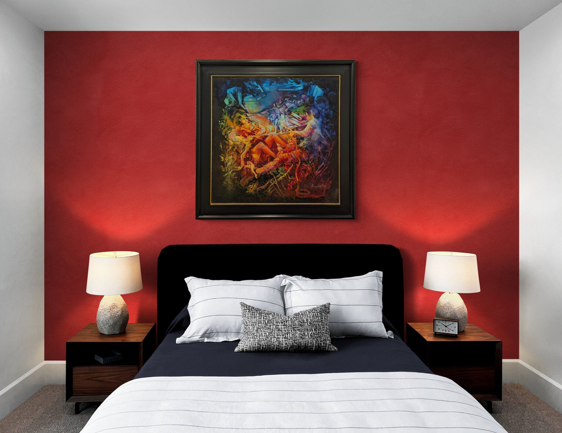 Colorful and vibrant contemporary abstract oil painting by artist Paul Foropoulos on canvas hung in bedroom.