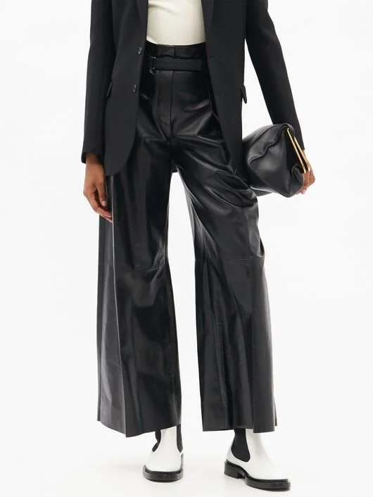 Belted high-rise leather trousers