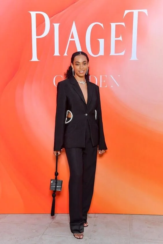 Solange Knowles wears a Christopher Esber suit to the Golden Oasis Piaget event, July 2019