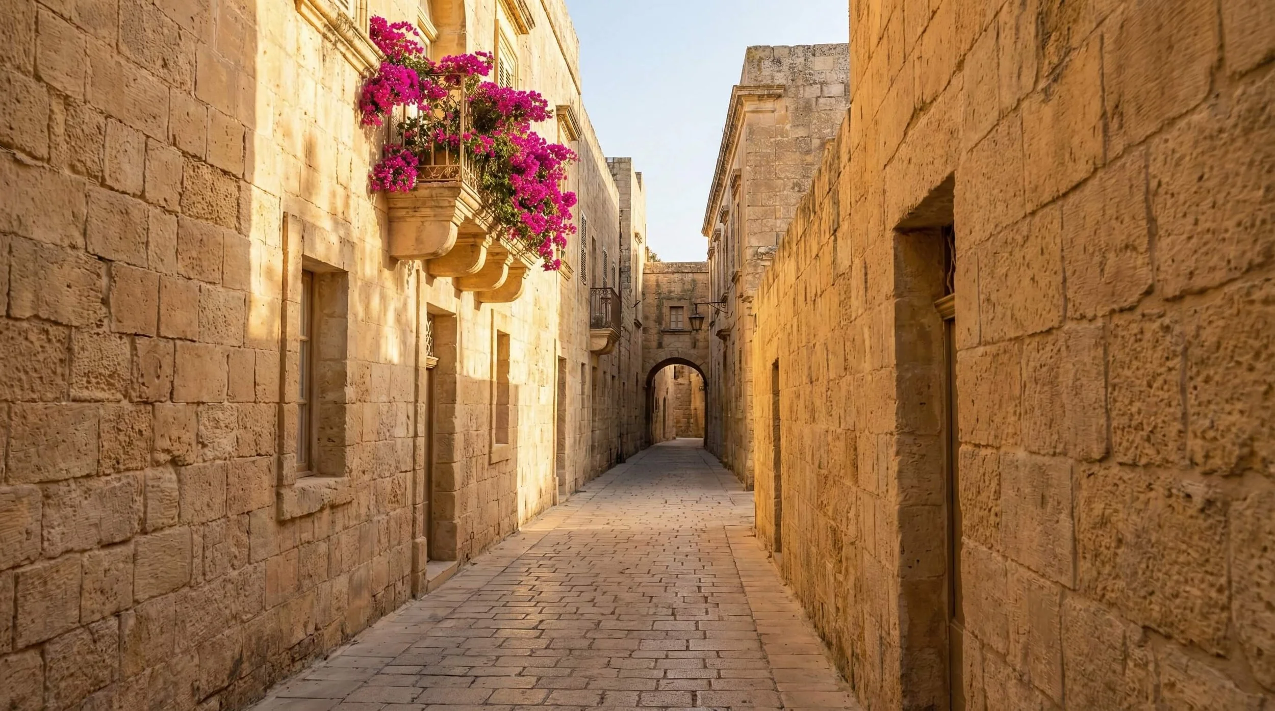 A quiet, sun-drenched cobblestone street in Mdina, Malta, representing the safety and peaceful environment for US families relocating to Europe.