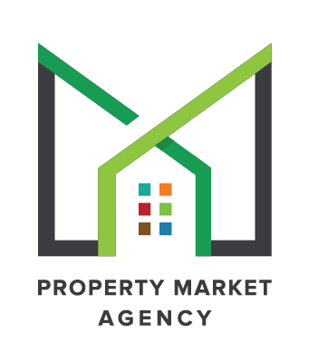 Logo for Property Market Agency featuring a stylized, geometric house with green, black, and blue accents.