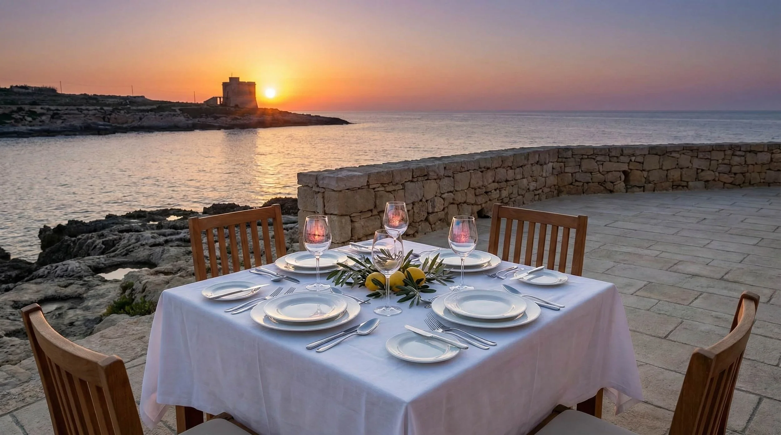 Al fresco dining table set by the sea at sunset in Malta, symbolizing the high quality of life and Mediterranean diet enjoyed by permanent residents.