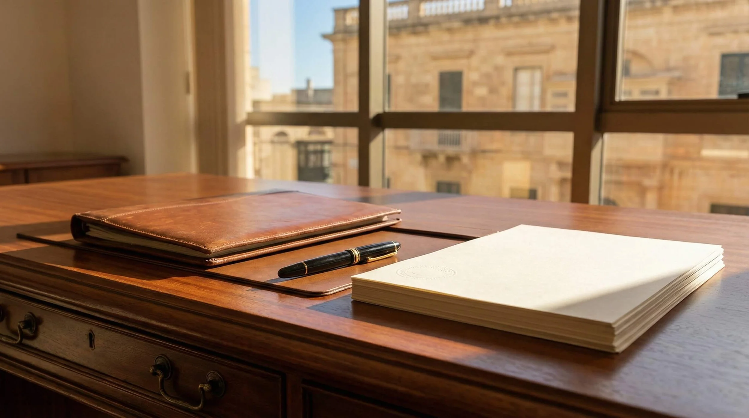 Close-up of a professional mahogany desk with legal documents for the MPRP application, representing the bespoke legal services of Dr. Russell Attard Baldacchino.