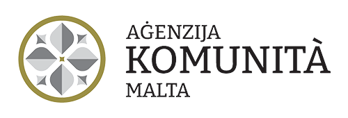 Logo of Agenzia Komunita Malta, featuring a circular emblem with a floral or star-like design inside.