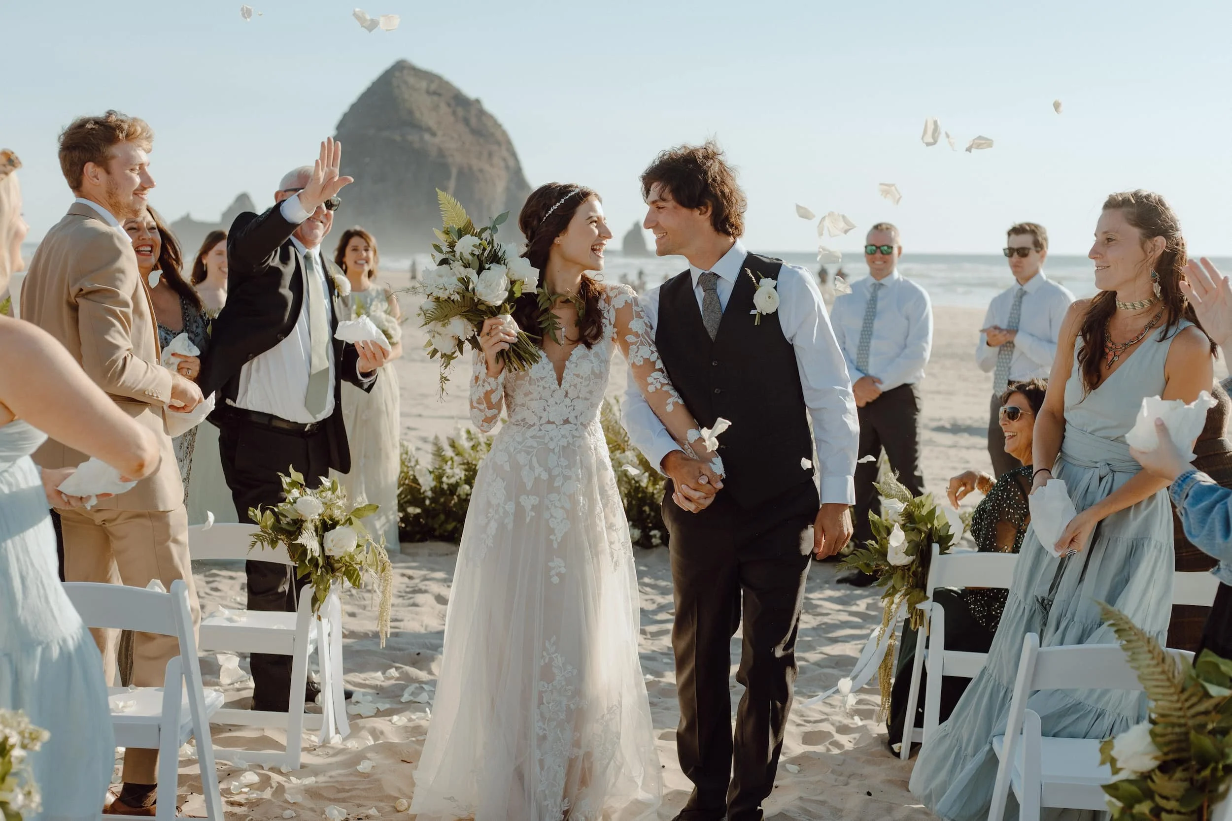 Bride and groom after intimate wedding ceremony at Cannon Beach, Oregon