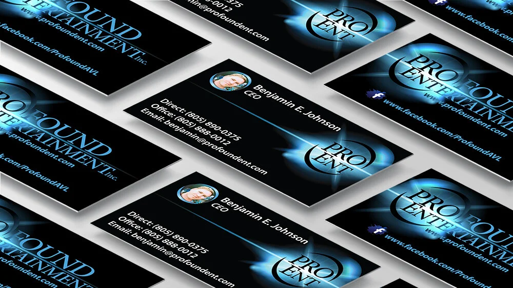 Business cards for Pro Event Planning Inc., featuring contact information for Benjamin E. Johnson, CEO, with phone numbers and email, set against a background with the company logo and social media links.