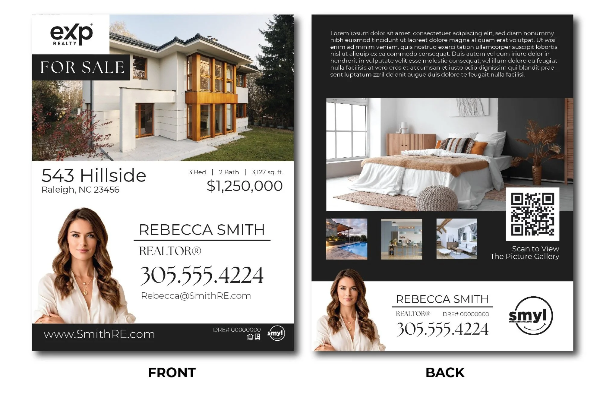 A sleek and modern flyer for eXp Realty, designed to capture attention with a professional, polished look. The flyer showcases key property highlights and agent information with clean lines and balanced layout. Using a sophisticated color palette of 