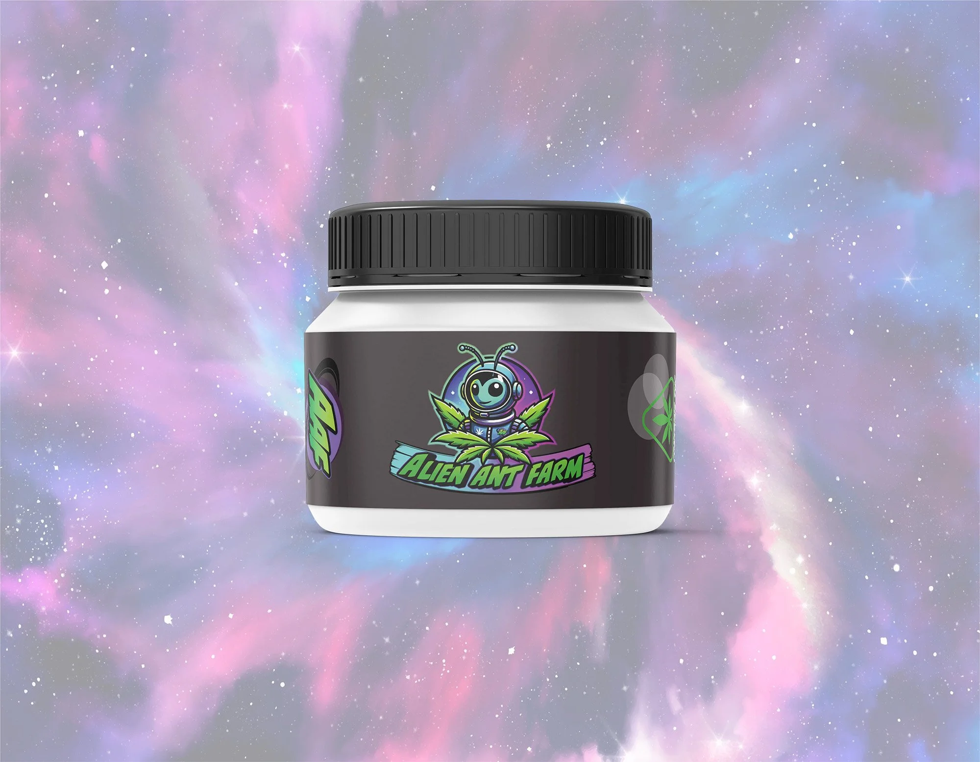 A container with a black lid and a colorful label featuring a cartoon alien ant insect against a cosmic purple, pink, and blue galaxy background.