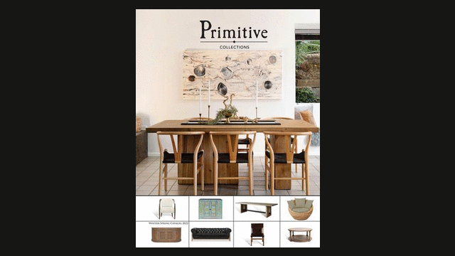 A home decor catalog page featuring wooden furniture and decor items, with a dining table and chairs at the center, and an abstract art piece on the wall.