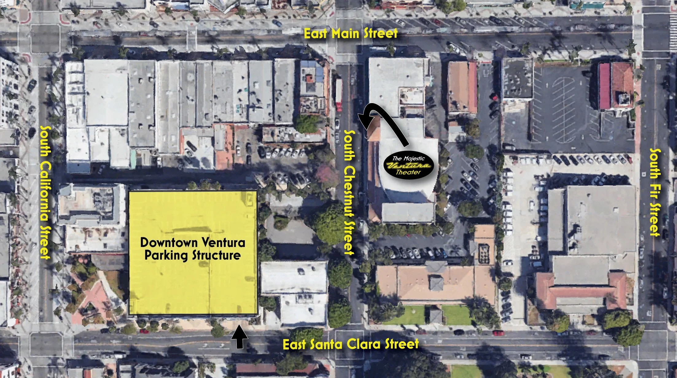 Aerial view of Downtown Ventura with streets labeled East Main Street, South Ventura Street, East Santa Clara Street, and South California Street. The Ventura Theater is marked with a black arrow and the label "The Majestic Ventura Theater." A large 