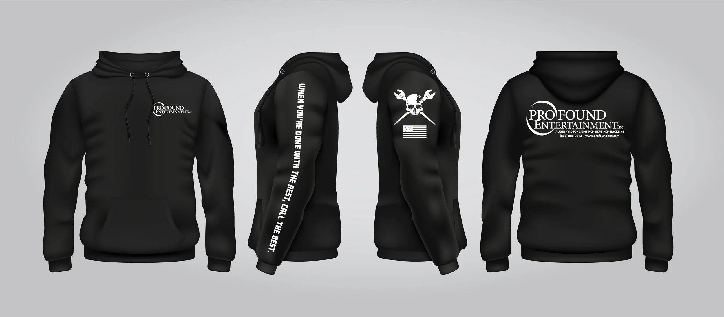 Black hoodies and sweatshirts with company logos and graphics, including skull and American flag, displayed on mannequins.