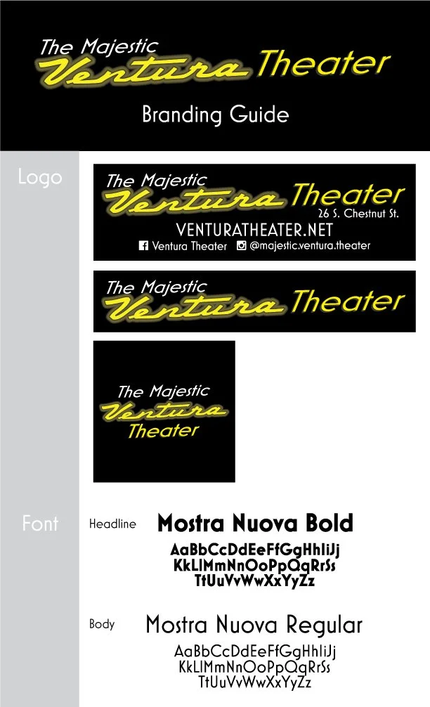 Branding guide for The Majestic Ventura Theater showing logo options with yellow cursive text on black backgrounds, social media handles, address, and font styles for headline and body text.