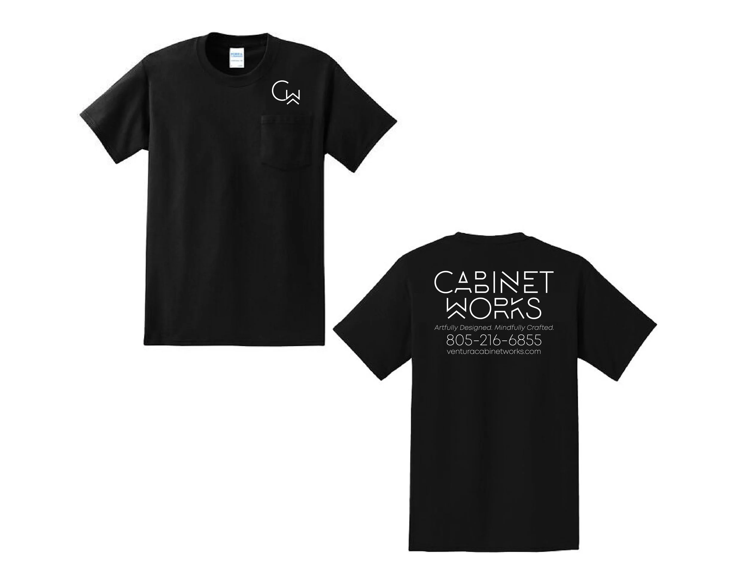 Black T-shirts with white text and logo, one shows 'CABINET WORKS' and the website, the other has a stylized logo.