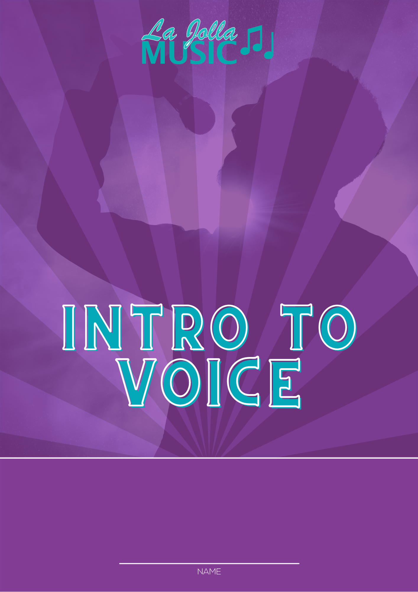 Silhouette of a person holding a microphone near their mouth, with a hand on their head, against a purple background with radial lines. Text reads "La Jolla Music" at the top and "Intro to Voice" in large letters in the center. There is a blank space labeled "Name" at the bottom.