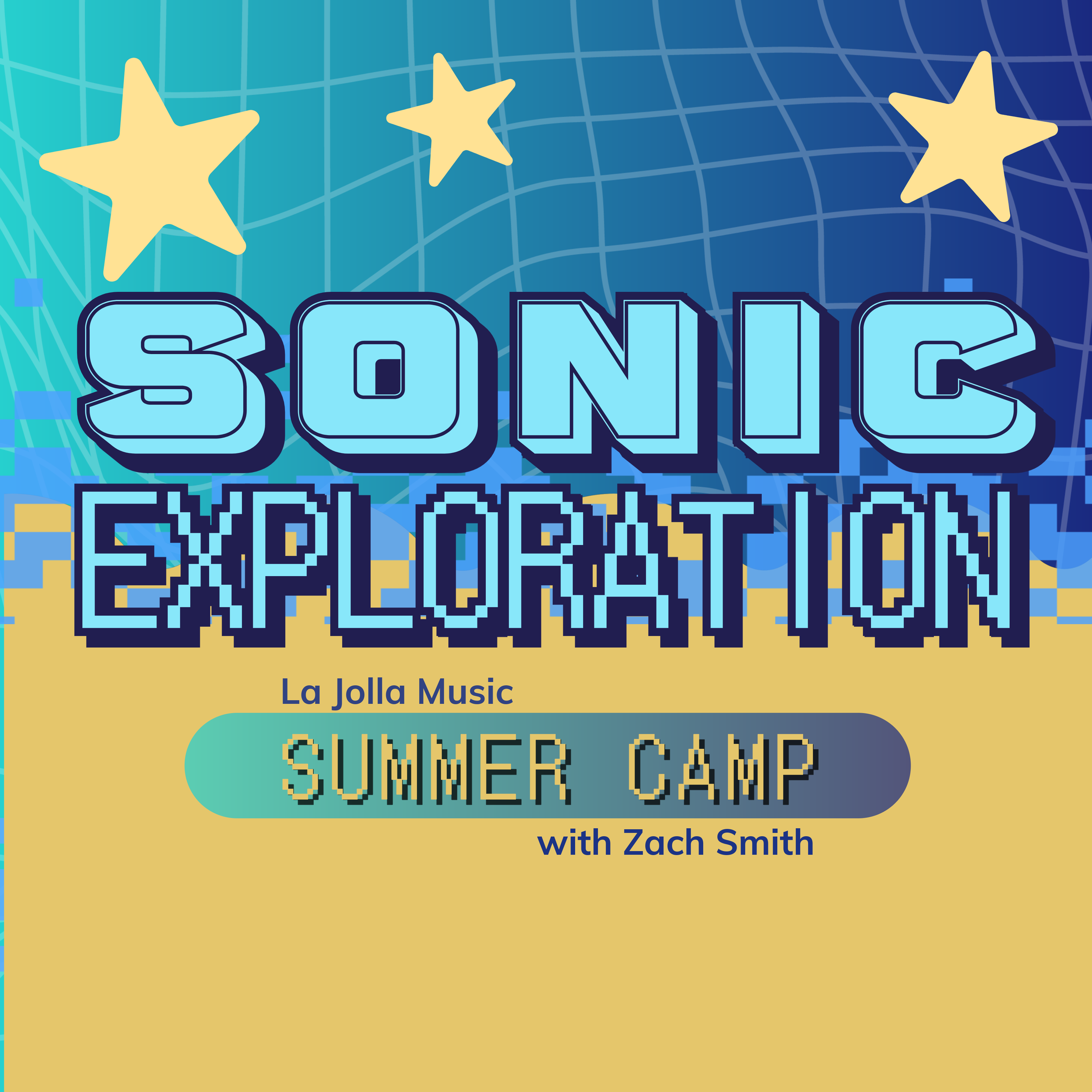 blue and yellow graphic advertising a summer camp called sonic exploration