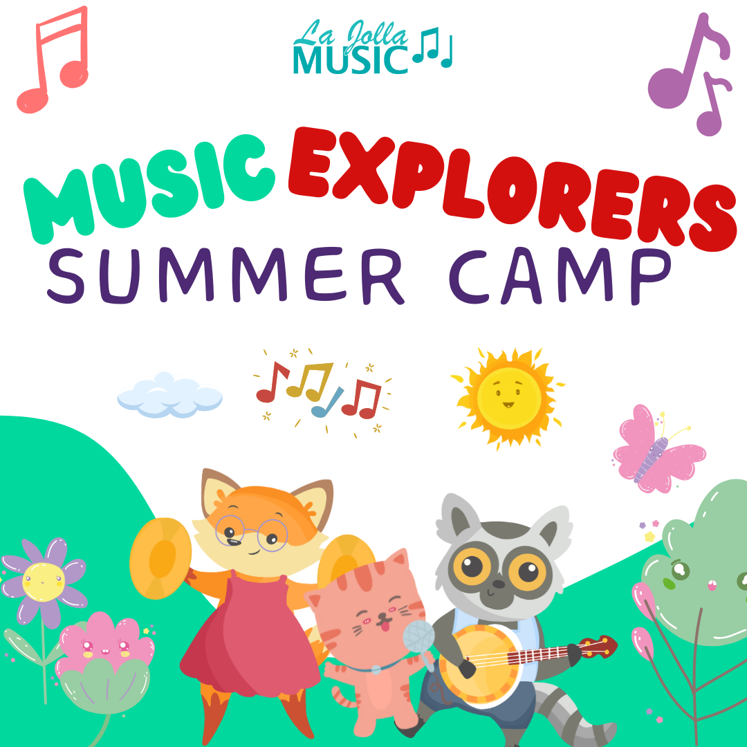 Colorful graphic promoting Music Explorers summer camp featuring cartoon animals playing instruments