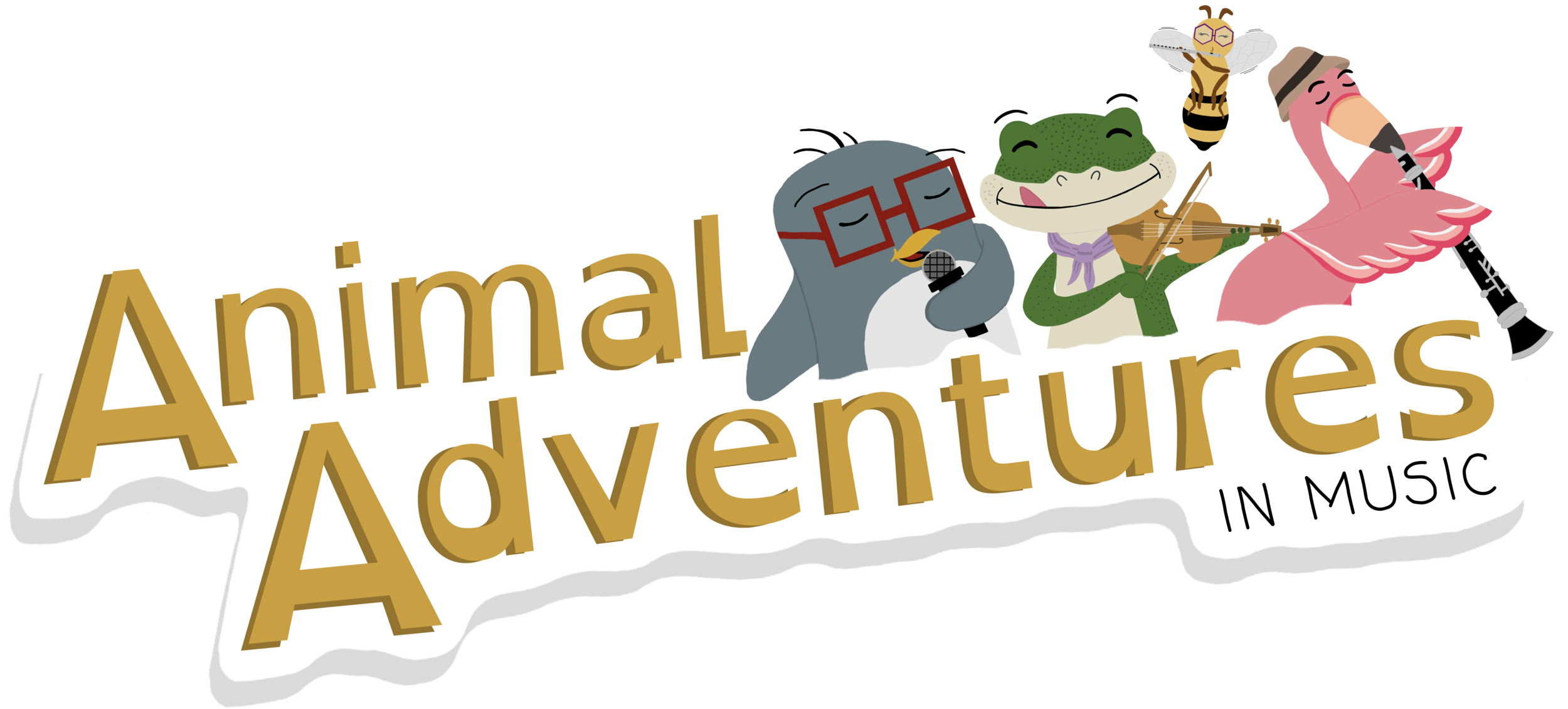 Illustration of animals with musical instruments and the words "Animal Adventures in Music." A penguin holds a microphone, a frog plays a violin, a bee flies above, and a flamingo plays a clarinet.