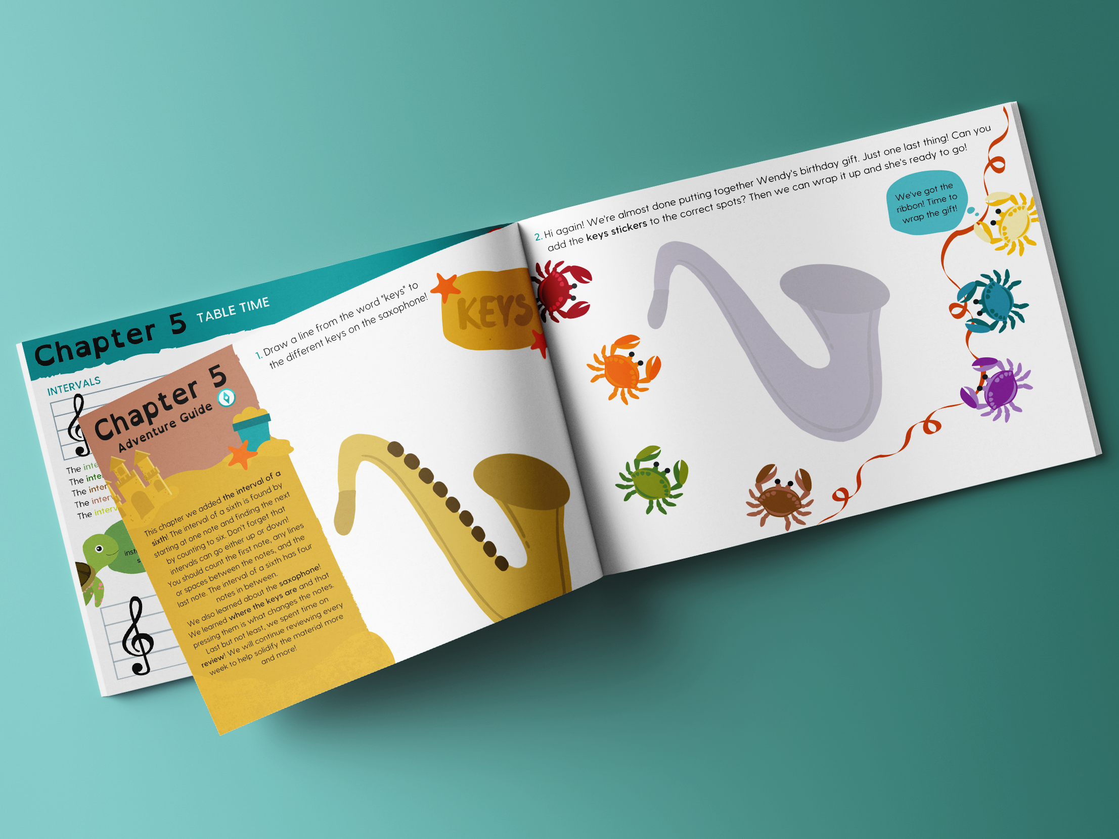 Open book showing a colorful, illustrated children's educational activity. The left page is titled 'Chapter 5 Adventure Guide' with a golden saxophone and music notes. The right page shows a gray saxophone without keys and colorful crabs around it, alongside a red ribbon. Instructions mention adding keys to the saxophone.